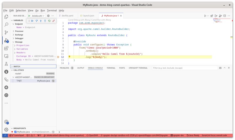 “Breakpoint hit with Camel debugger on log line of the Java route deployed on OpenShift”