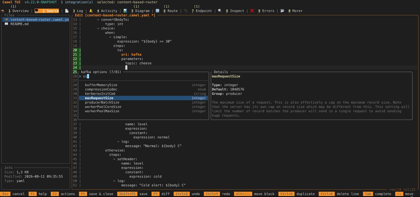 Tab completion showing Kafka endpoint options